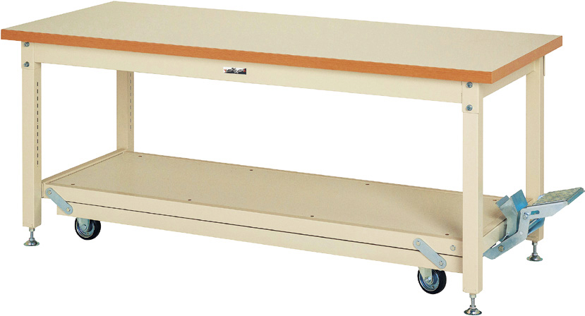 ヤマテック　ワークテーブル　ペダル移動タイプ　中間棚付　H762mm　メラミン天板　SXMP-1875-II